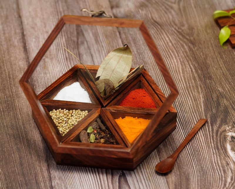 Freakway Spice Box Masala Box/Dabba/Handcrafted Wooden Spice Box Set For Kitchen With Spoon In Sheesham Wood (6 Containers, Detachable, 95 ML) - - Image 1