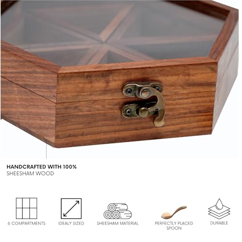Freakway Spice Box Masala Box/Dabba/Handcrafted Wooden Spice Box Set For Kitchen With Spoon In Sheesham Wood (6 Containers, Detachable, 95 ML) - - Image 3