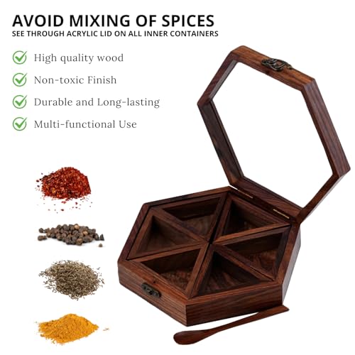 Freakway Spice Box Masala Box/Dabba/Handcrafted Wooden Spice Box Set For Kitchen With Spoon In Sheesham Wood (6 Containers, Detachable, 95 ML) - - Image 4