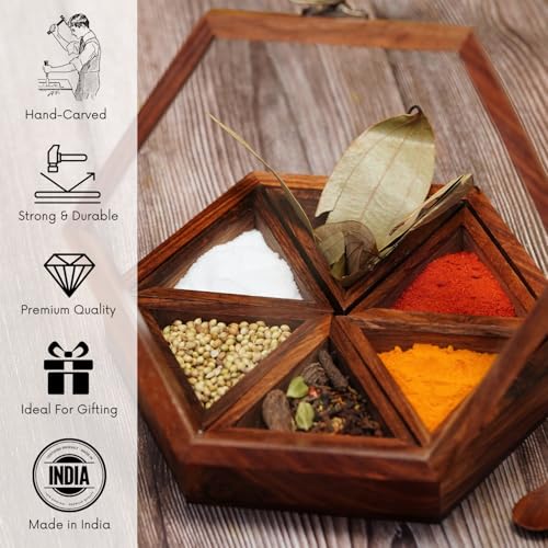 Freakway Spice Box Masala Box/Dabba/Handcrafted Wooden Spice Box Set For Kitchen With Spoon In Sheesham Wood (6 Containers, Detachable, 95 ML) - - Image 5
