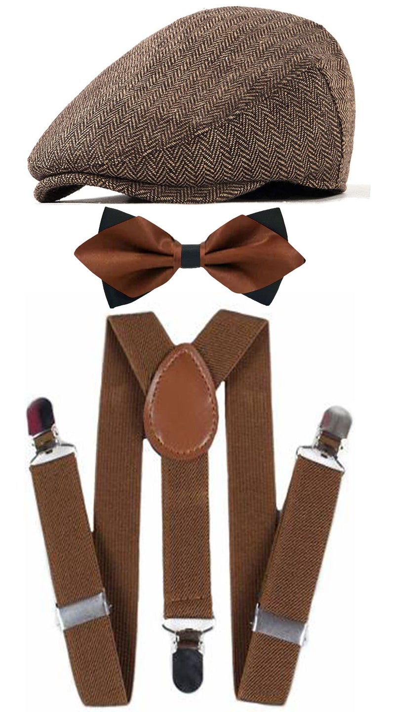 RR DESIGN Brown Suspender and Diamond Neck Bow Tie Set with Irish/Golf Flat Cap for Men - Brown - Image 1