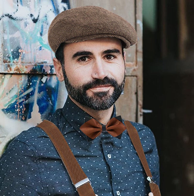 RR DESIGN Brown Suspender and Diamond Neck Bow Tie Set with Irish/Golf Flat Cap for Men - Brown - Image 3
