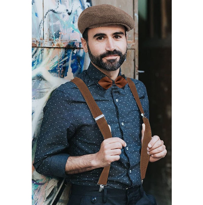 RR DESIGN Brown Suspender and Diamond Neck Bow Tie Set with Irish/Golf Flat Cap for Men - Brown - Image 4