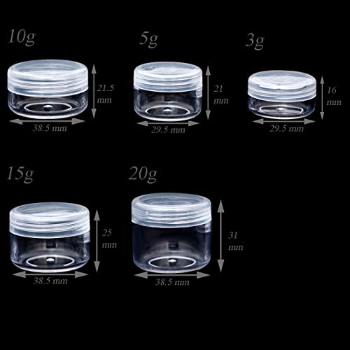 ZEJIA 10pcs Small Travel Containers, Clear Sample Containers with Screw Lids, 5 Size 3/5/10/15/20 Gram Sample Jars with 12pcs Labels and 2pcs Mini Disposable Spatula, Makeup Sample Containers BPA Free - Image 2