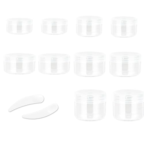 ZEJIA 10pcs Small Travel Containers, Clear Sample Containers with Screw Lids, 5 Size 3/5/10/15/20 Gram Sample Jars with 12pcs Labels and 2pcs Mini Disposable Spatula, Makeup Sample Containers BPA Free - Image 1