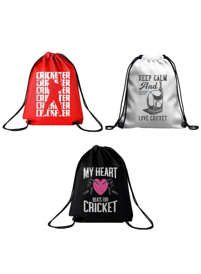 برينت شوب فور مي حزمة من 3 حقائب برباط بتصميم الكريكيت - حقيبة ظهر رياضية متينة للبالغين، رائعة للصالة الرياضية والسفر والاستخدام اليومي، خفيفة الوزن مع طباعة الكريكيت للاستخدام اليومي - Image 1