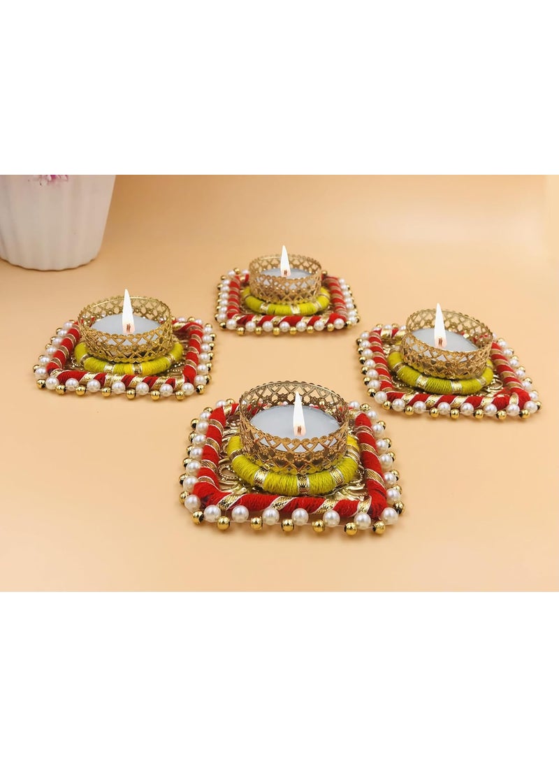 AROOMAN Arooman Handmade Square Shape Tealight Candle HolderDiya for Diwali DecorationHome Decoration Set 04 ColorRed Yellow  - Image 2