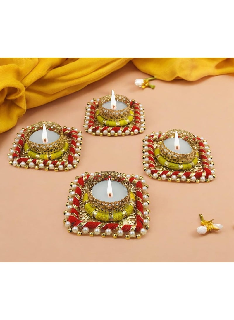 AROOMAN Arooman Handmade Square Shape Tealight Candle HolderDiya for Diwali DecorationHome Decoration Set 04 ColorRed Yellow  - Image 1