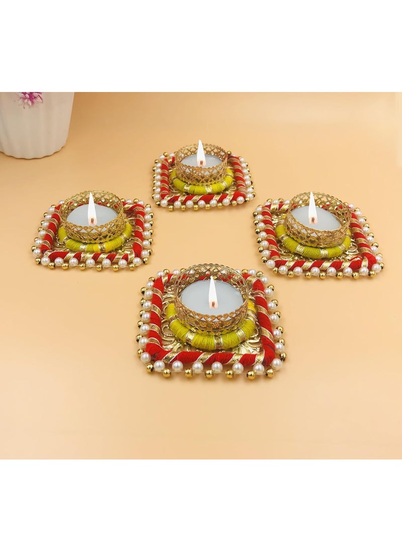 AROOMAN Arooman Handmade Square Shape Tealight Candle HolderDiya for Diwali DecorationHome Decoration Set 04 ColorRed Yellow  - Image 4