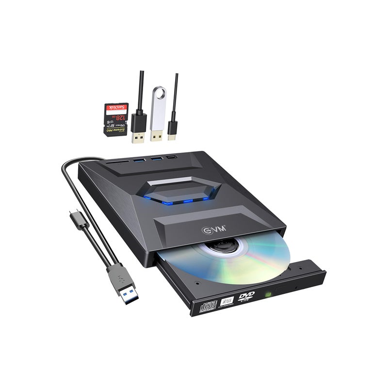 EVM USB 3.0 & Type C External CD DVD Writer RW Optical Drive CD/DVD ROM +/-RW, SD/TF Card Reader Ports, USB-C Hub for Laptop, PC, Desktop - 1 Year Warranty (EVM-EXT-CD-01) - Image 2