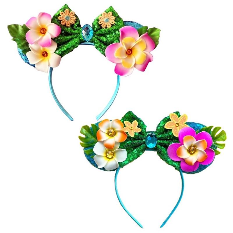 Kiddale 2Pcs Hawaiian Headbands Tropical Flower Hair Bands for Women Sequin Mouse Ear Flower Hair Accessories Costume Cosplay Headwear for Birthday Princess Summer Luau Party Holiday Decoration