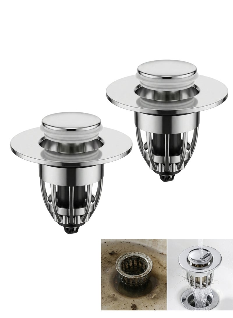 2 Pack Universal Bathroom Sink Pop Up Drain Stopper with Hair Strainer, Push Button Drain Plug, Chrome, Plastic - Image 1