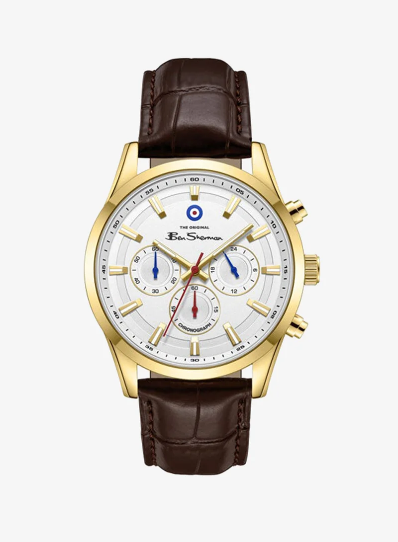 بين شيرمان Cambridge White Dial Brown Genuine Leather Strap Chronograph Watch for Men, 42mm