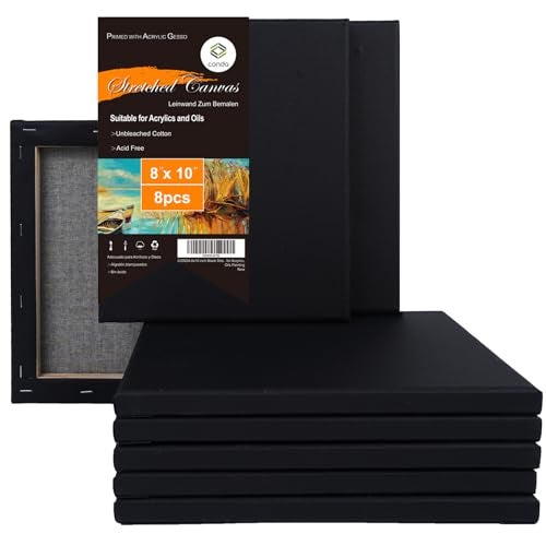 CONDA Black Stretched Canvas 8x10 inches 8 Pack Canvases for Painting 100 Cotton Blank Canvases 8 oz GessoPrimed 58 Inch Profile Art Canvas Value Bulk Pack for Acrylics Oils Painting