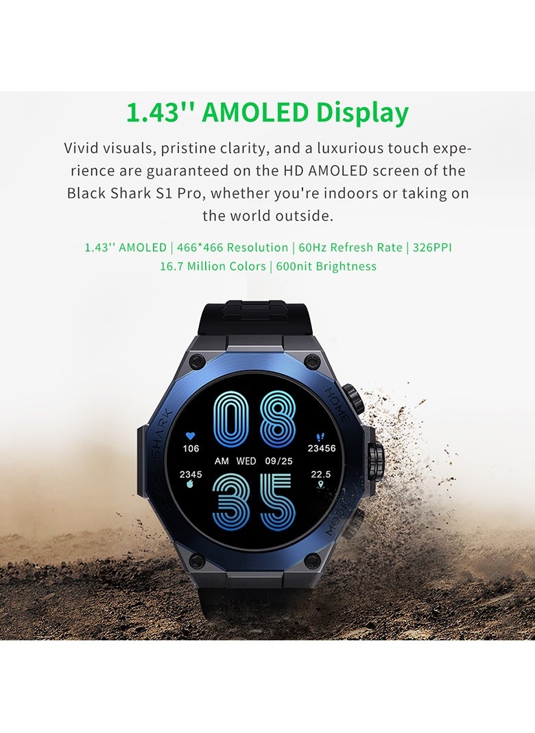 بلاك شارك - ساعة Black Shark S1 Pro الذكية تدعم الدردشة GPT، عمر البطارية 15 يومًا، شاشة AMOLED مقاس 1.43 بوصة، وضع مراقبة صحة الألعاب، 100+ وضع رياضي، IP68، أسود - Image 1