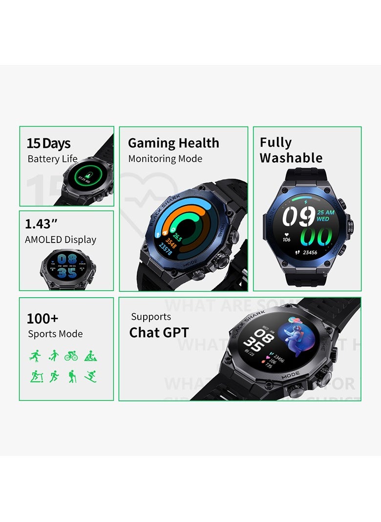 بلاك شارك - ساعة Black Shark S1 Pro الذكية تدعم الدردشة GPT، عمر البطارية 15 يومًا، شاشة AMOLED مقاس 1.43 بوصة، وضع مراقبة صحة الألعاب، 100+ وضع رياضي، IP68، أسود - Image 1