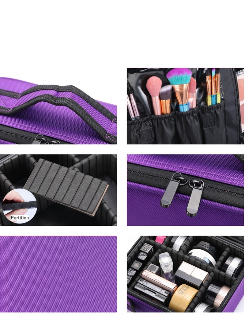 Travel Makeup Bag, Portable Travel Cosmetic Case Organizer Artist Storage Bag with Adjustable Dividers,  Professional Train Case Toiletry Bag Jewelry Storage Box, Purple - Image 3