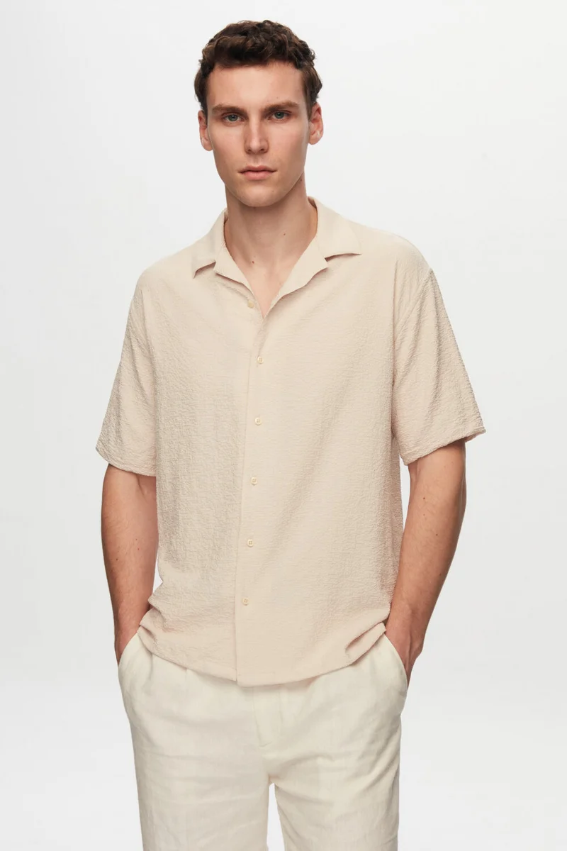 دي أس دامات Relaxed Beige Seersucker Short Sleeve Wrinkle-Free Shirt 0HC02ORT01313