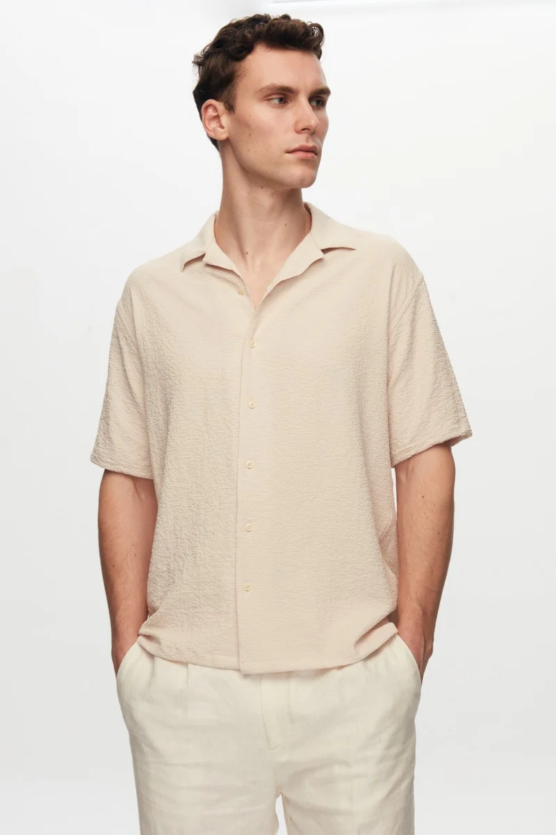 دي أس دامات Relaxed Beige Seersucker Short Sleeve Wrinkle-Free Shirt 0HC02ORT01313