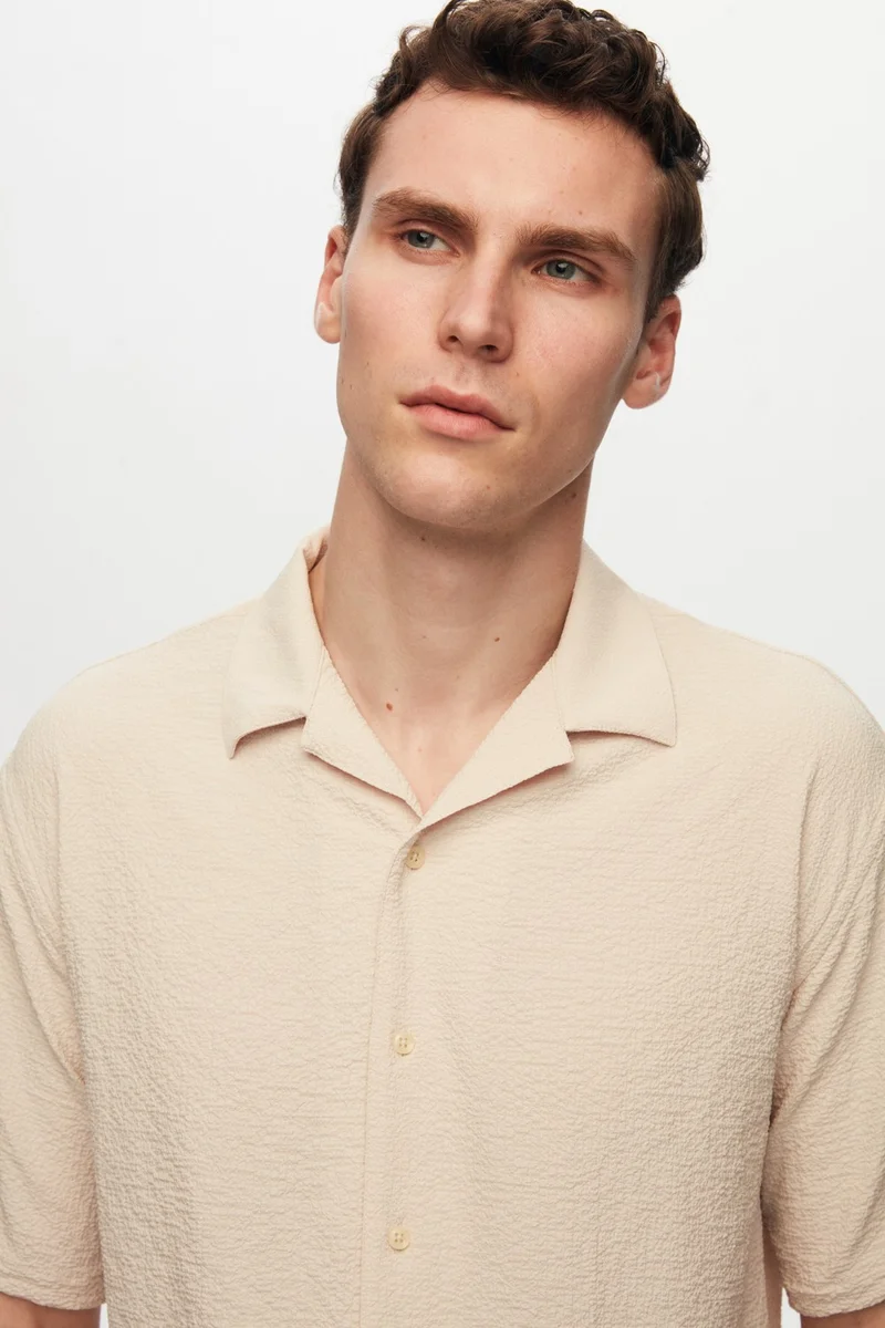 دي أس دامات Relaxed Beige Seersucker Short Sleeve Wrinkle-Free Shirt 0HC02ORT01313
