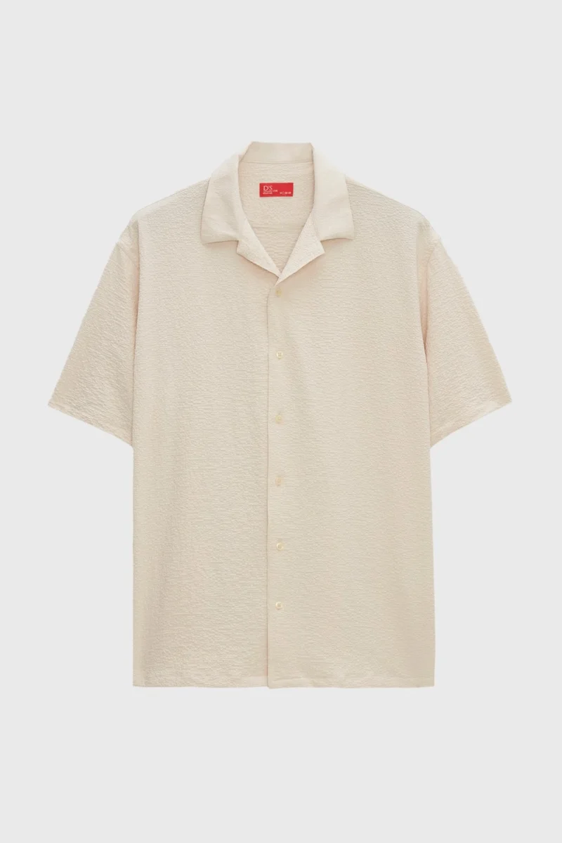 دي أس دامات Relaxed Beige Seersucker Short Sleeve Wrinkle-Free Shirt 0HC02ORT01313