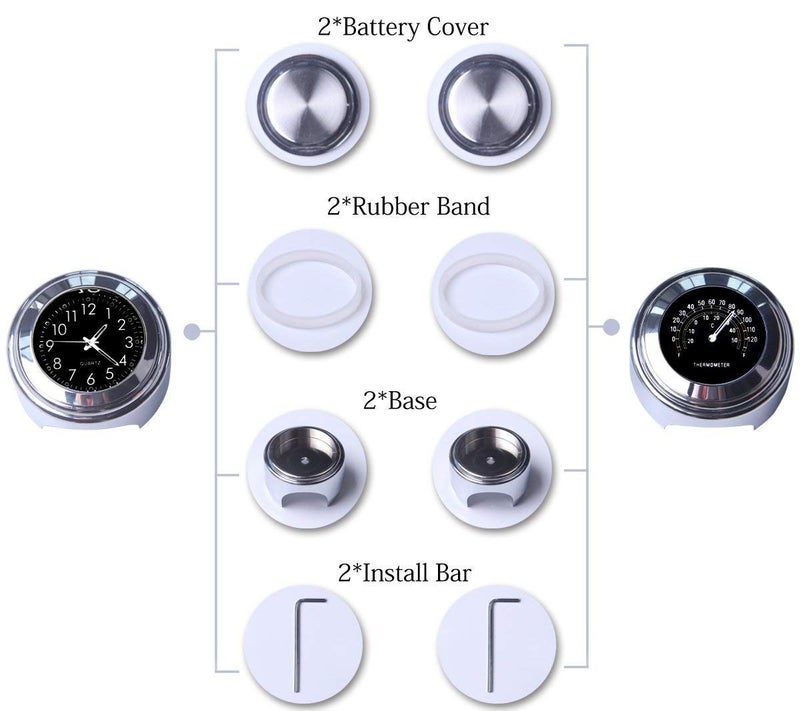 TESWNE7/8 1" Motorcycle Handlebar Chrome White Dial Clock and Thermometer for Yamaha for Kawasaki for Honda for Suzuki (Black) - Image 5