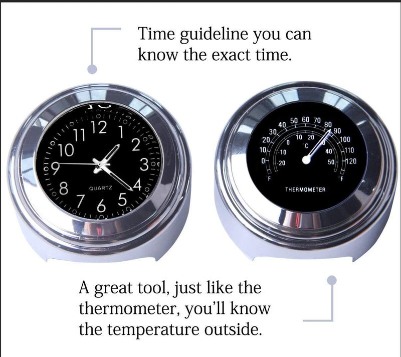TESWNE7/8 1" Motorcycle Handlebar Chrome White Dial Clock and Thermometer for Yamaha for Kawasaki for Honda for Suzuki (Black) - Image 4