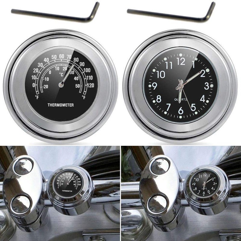 TESWNE7/8 1" Motorcycle Handlebar Chrome White Dial Clock and Thermometer for Yamaha for Kawasaki for Honda for Suzuki (Black) - Image 3
