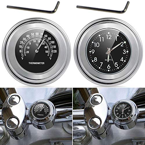 TESWNE7/8 1" Motorcycle Handlebar Chrome White Dial Clock and Thermometer for Yamaha for Kawasaki for Honda for Suzuki (Black) - Image 1