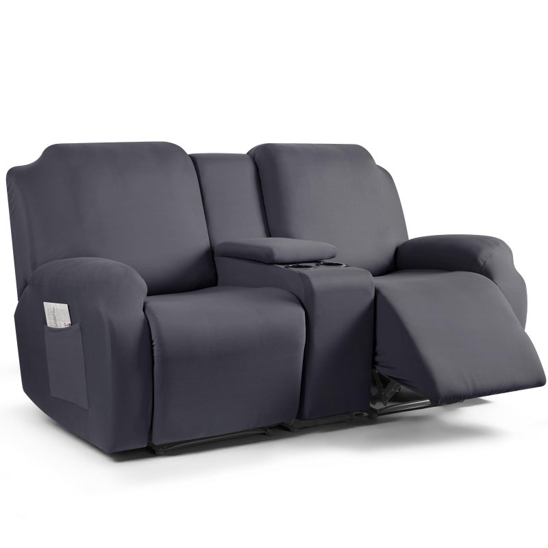 TAOCOCO Reclining Loveseat with Middle Console Slipcover, 4 Piece Polyester Fabric Stretch Loveseat Reclining Sofa Covers (Dark Gray, 2 Seat Recliner Cover with Console) - Image 1