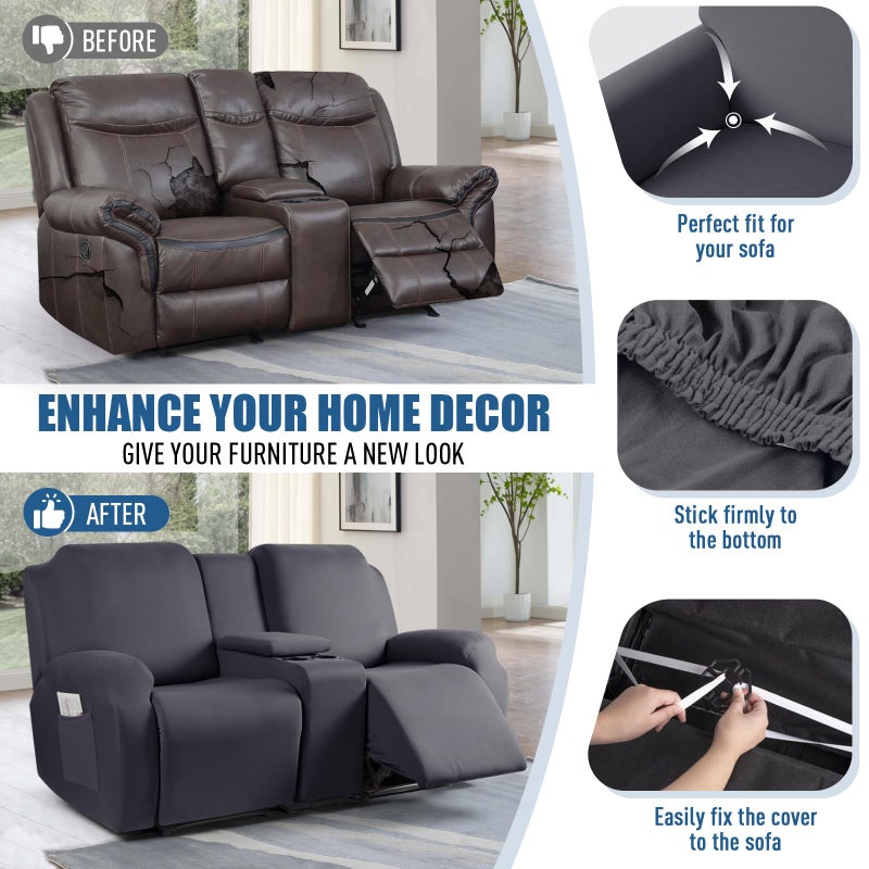 TAOCOCO Reclining Loveseat with Middle Console Slipcover, 4 Piece Polyester Fabric Stretch Loveseat Reclining Sofa Covers (Dark Gray, 2 Seat Recliner Cover with Console) - Image 5