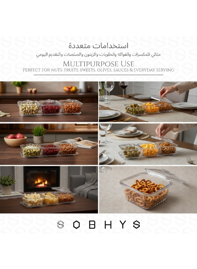 SOBHYS Acrylic 3-Bowl Serving Set with Clear Lids and Tray, Square Design, Ideal for Dates, Nuts, Sweets, Fruits and Condiments, Lightweight, Durable, Easy to Clean – SOBHYS - Image 3