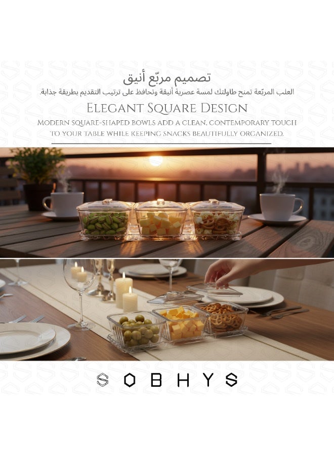 SOBHYS Acrylic 3-Bowl Serving Set with Clear Lids and Tray, Square Design, Ideal for Dates, Nuts, Sweets, Fruits and Condiments, Lightweight, Durable, Easy to Clean – SOBHYS - Image 4