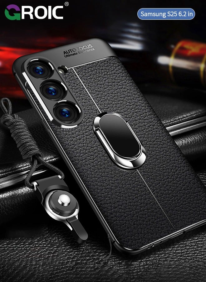 GROIC For Samsung Galaxy S25 Case with Ring and Lanyard, Luxury Ultra Slim Leather Pattern All-inclusive Protection Dermatoglyph Back Cover for Samsung Galaxy S25, Black - Image 1