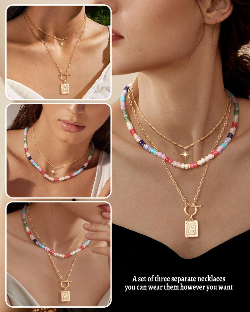 MJartoria Layered Initial Necklaces for Women Trendy, 14K Gold Plated Simple Star Choker Square Letter Pendant Necklace, Colorful Beaded Necklace, Gold Necklaces Jewelry Gifts (K, Gold Plated) - Image 3