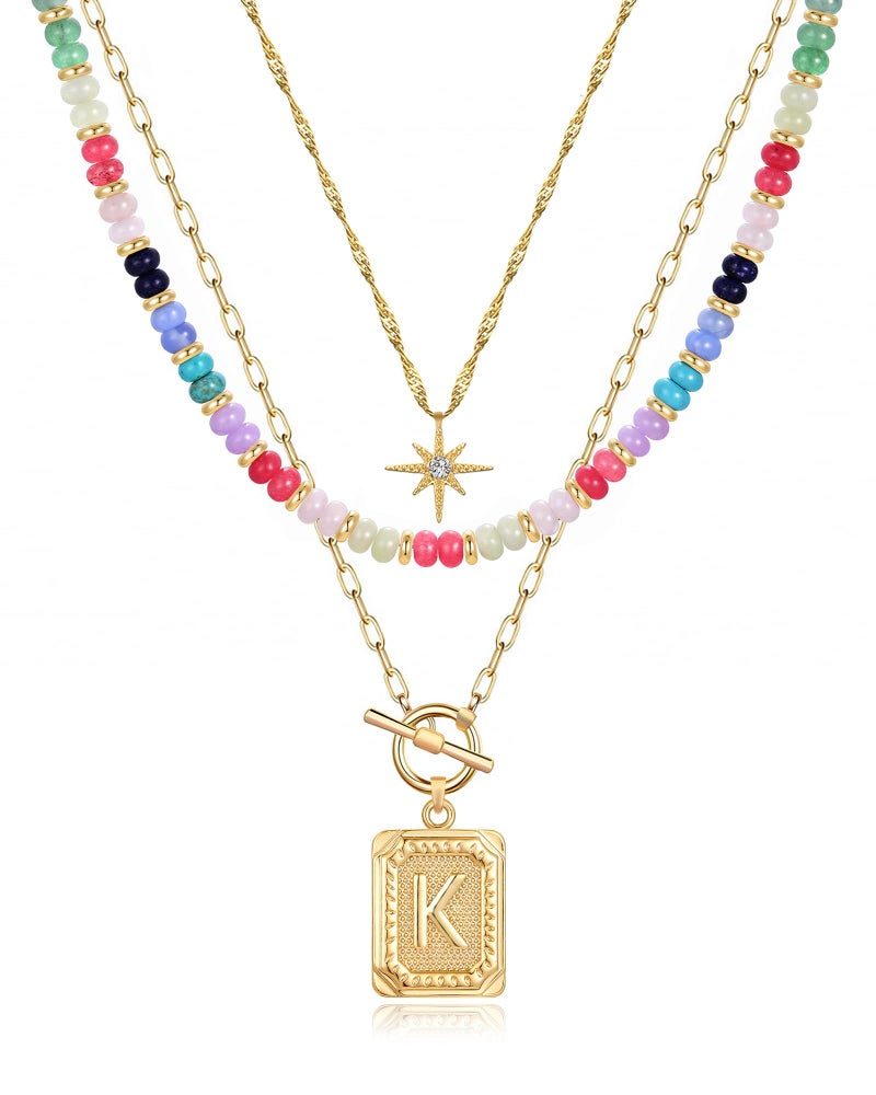 MJartoria Layered Initial Necklaces for Women Trendy, 14K Gold Plated Simple Star Choker Square Letter Pendant Necklace, Colorful Beaded Necklace, Gold Necklaces Jewelry Gifts (K, Gold Plated) - Image 1
