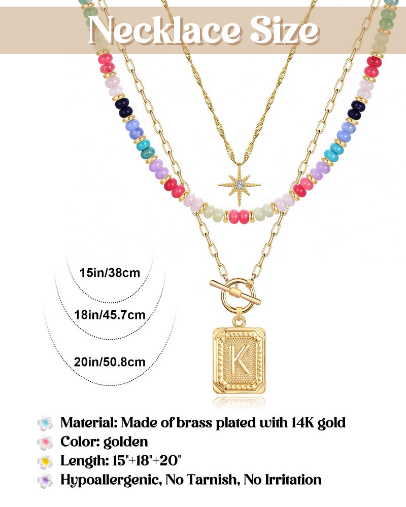 MJartoria Layered Initial Necklaces for Women Trendy, 14K Gold Plated Simple Star Choker Square Letter Pendant Necklace, Colorful Beaded Necklace, Gold Necklaces Jewelry Gifts (K, Gold Plated) - Image 5
