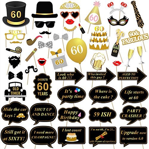 Konsait 60th Birthday Party Photo Booth Props (51Count) for Her Him 60th Birthday Gold and Black Decorations, Konsait Big 60 Birthday Party Supplies for Men and Women - Image 1