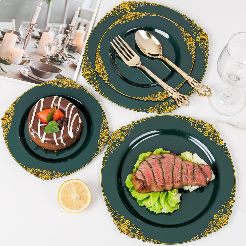 Joyido 102PCS Green and Gold Plates - Green Plastic Plates - Fancy Heavy Duty Disposable Plates - Heavyweight Disposable Dinner & Dessert Plates for 51 Guests for Party & Wedding - Image 2