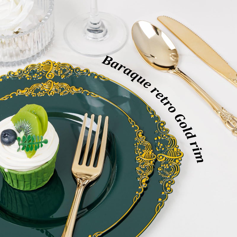 Joyido 102PCS Green and Gold Plates - Green Plastic Plates - Fancy Heavy Duty Disposable Plates - Heavyweight Disposable Dinner & Dessert Plates for 51 Guests for Party & Wedding - Image 1