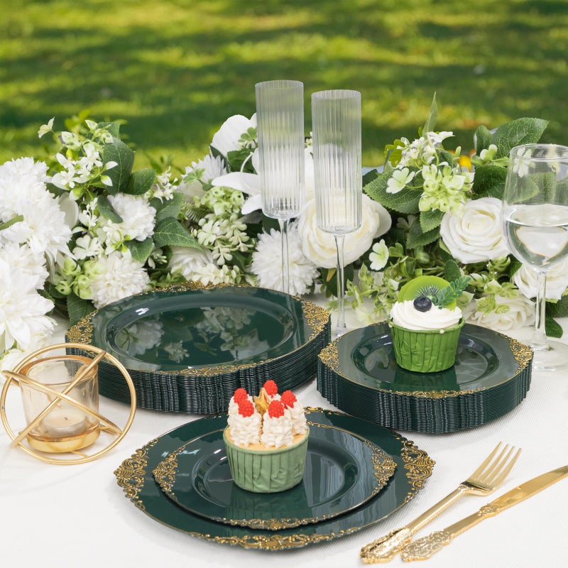 Joyido 102PCS Green and Gold Plates - Green Plastic Plates - Fancy Heavy Duty Disposable Plates - Heavyweight Disposable Dinner & Dessert Plates for 51 Guests for Party & Wedding - Image 3