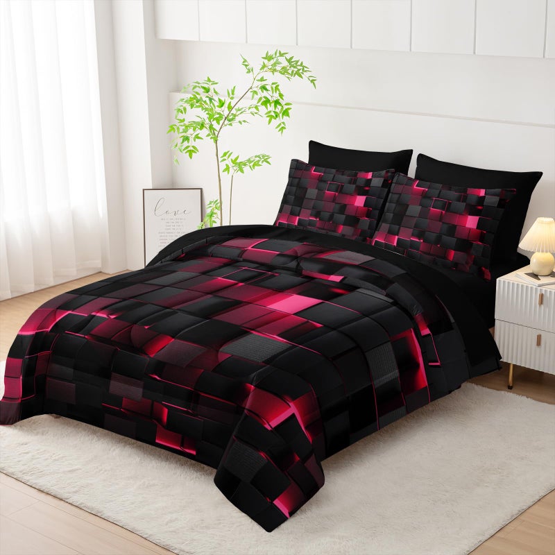 Nttopship Geometric Pink Black King Comforter Set,Light Honeycomb Bedding Set 7 Piece in A Bag,Bed Sheet Set Geometry Decor,Microfiber Lightweight All Season - Image 2
