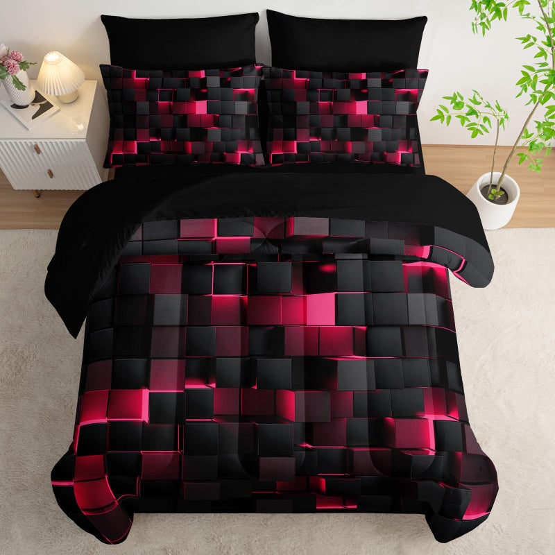 Nttopship Geometric Pink Black King Comforter Set,Light Honeycomb Bedding Set 7 Piece in A Bag,Bed Sheet Set Geometry Decor,Microfiber Lightweight All Season - Image 4