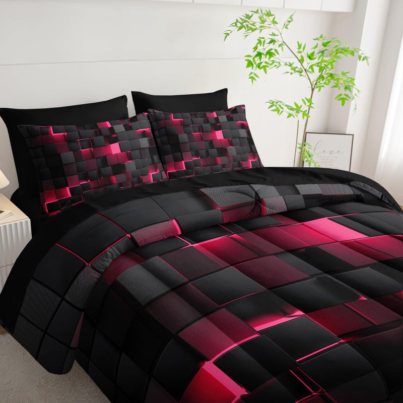 Nttopship Geometric Pink Black King Comforter Set,Light Honeycomb Bedding Set 7 Piece in A Bag,Bed Sheet Set Geometry Decor,Microfiber Lightweight All Season - Image 3