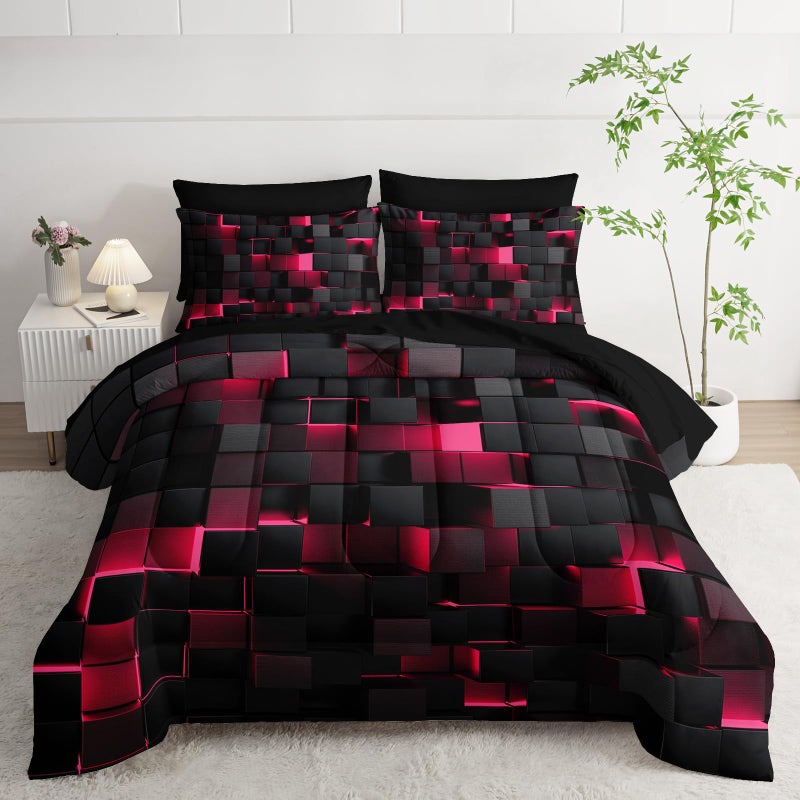 Nttopship Geometric Pink Black King Comforter Set,Light Honeycomb Bedding Set 7 Piece in A Bag,Bed Sheet Set Geometry Decor,Microfiber Lightweight All Season - Image 1