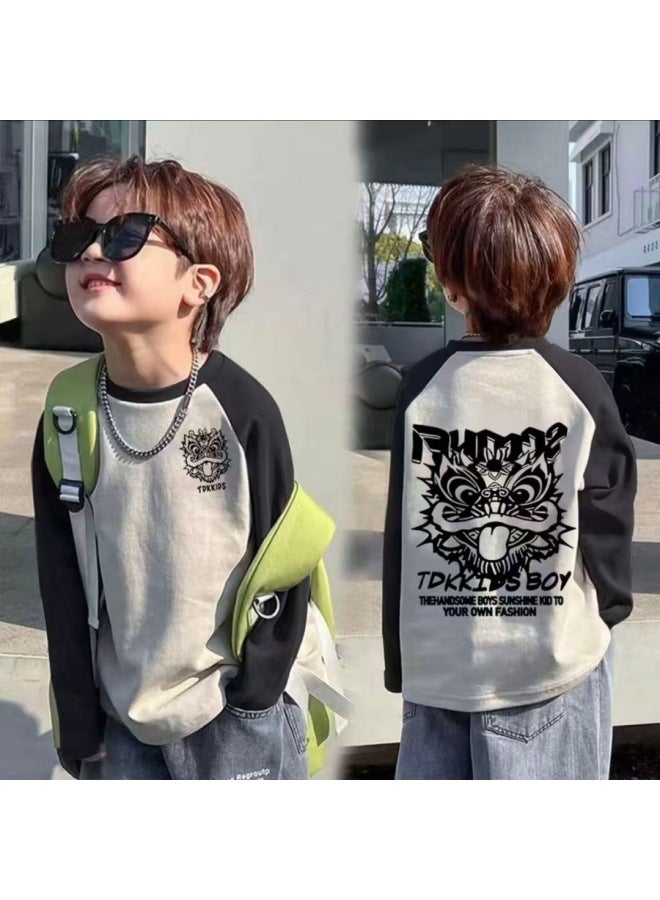 Cotton Boys' Raglan Sleeve Long Sleeve Tspring & Fall New Style Medium And Large Children's Splicing Contrasting Color Round Neck Bottoming Shirt