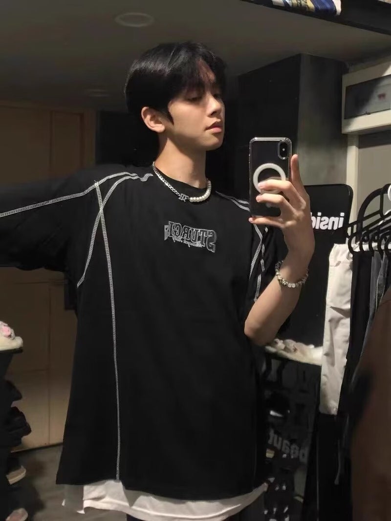 American Style Retro Line Design Sense T-Shirt Men'S Summer High Street Printed Half Sleeve Small Neckline Pure Cotton Couples Short Sleeve Trendy - Image 2