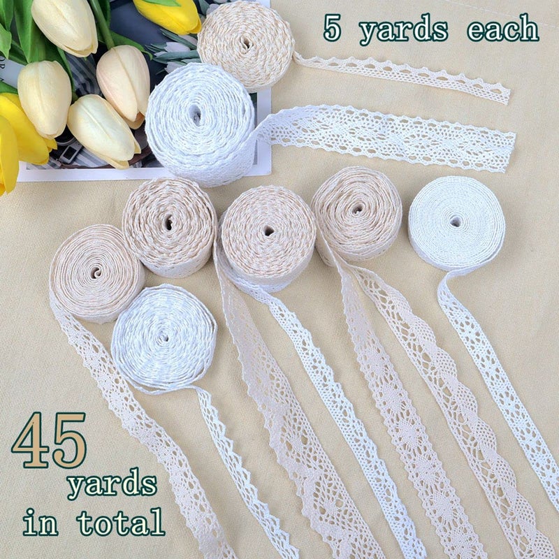AIETSYEI Ribbon Lace 45 Yards Vintage Ribbon Cotton Lace Craft Lace Crochet Sewing for Gift Package Wrapping, Bridal Wedding Decoration, Scrapbooking Supplies (Beige+White) - Image 3