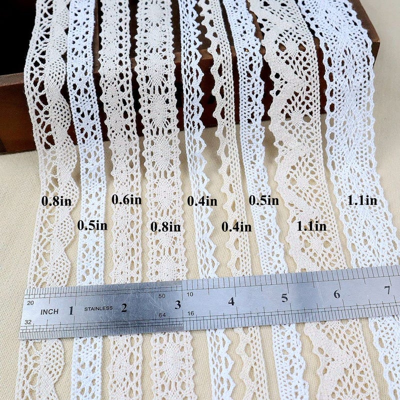 AIETSYEI Ribbon Lace 45 Yards Vintage Ribbon Cotton Lace Craft Lace Crochet Sewing for Gift Package Wrapping, Bridal Wedding Decoration, Scrapbooking Supplies (Beige+White) - Image 2