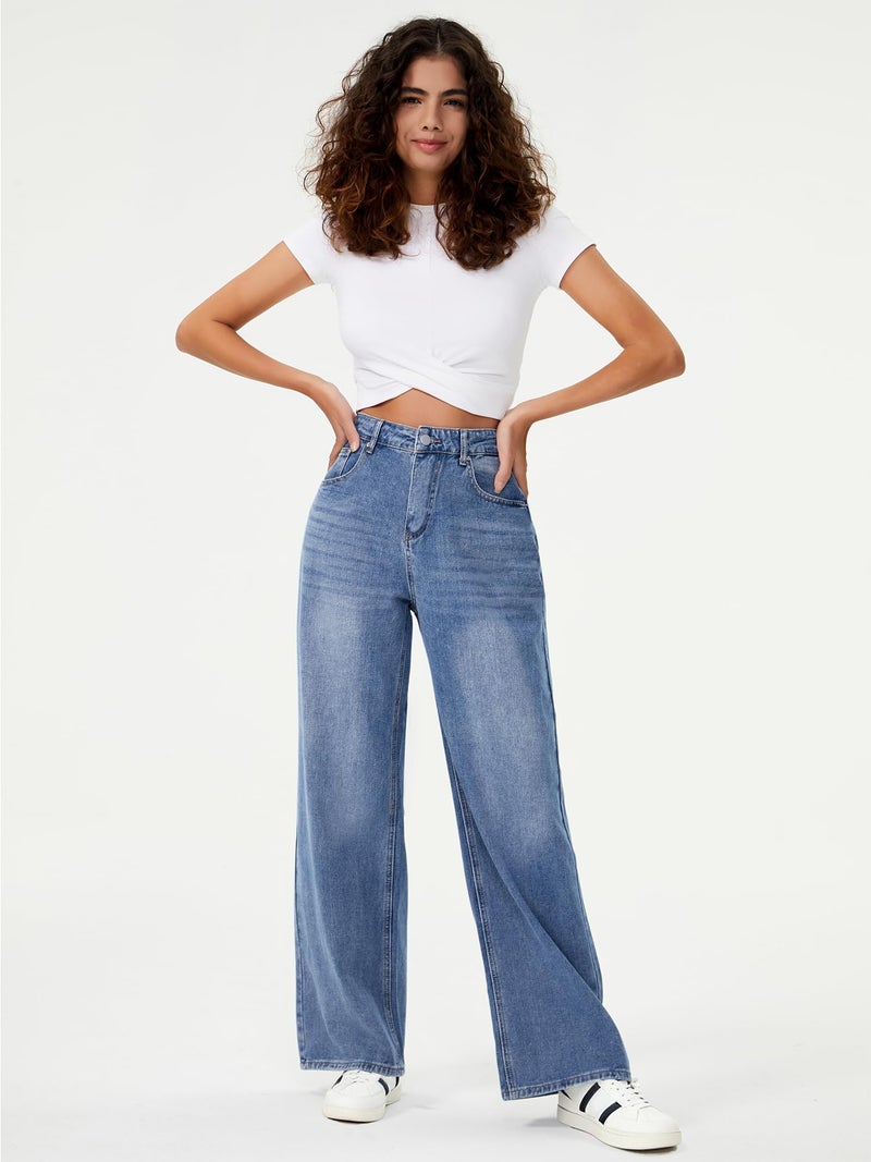 HDLTE Women Wide Leg Jeans High Waist Baggy Jeans Loose Boyfriend Jean Denim Pants Y2K Light Blue - Image 5